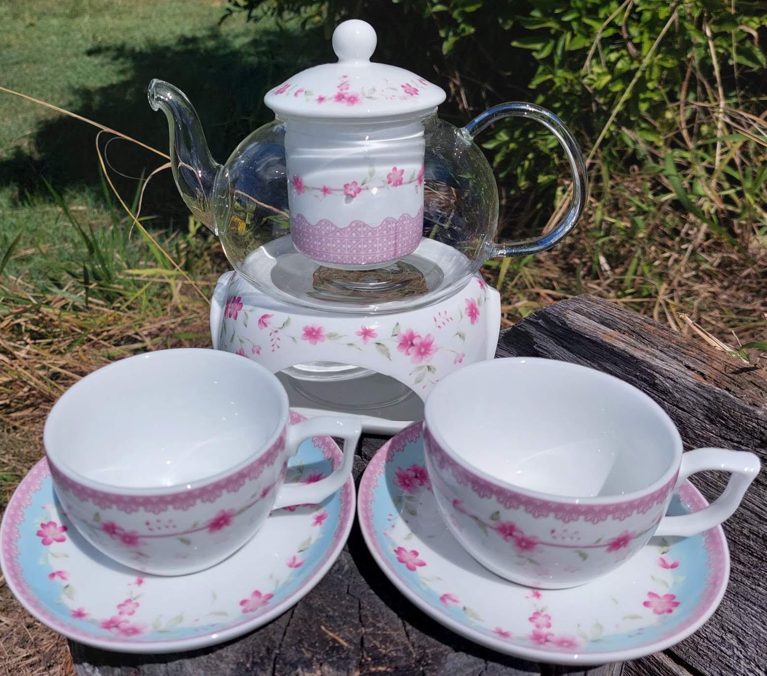 Classic Pink Rose Infused Glass/Porcelain Tea Set 8Pc Classic Pink Rose Infused Glass/Porcelain Tea Set 8Pc